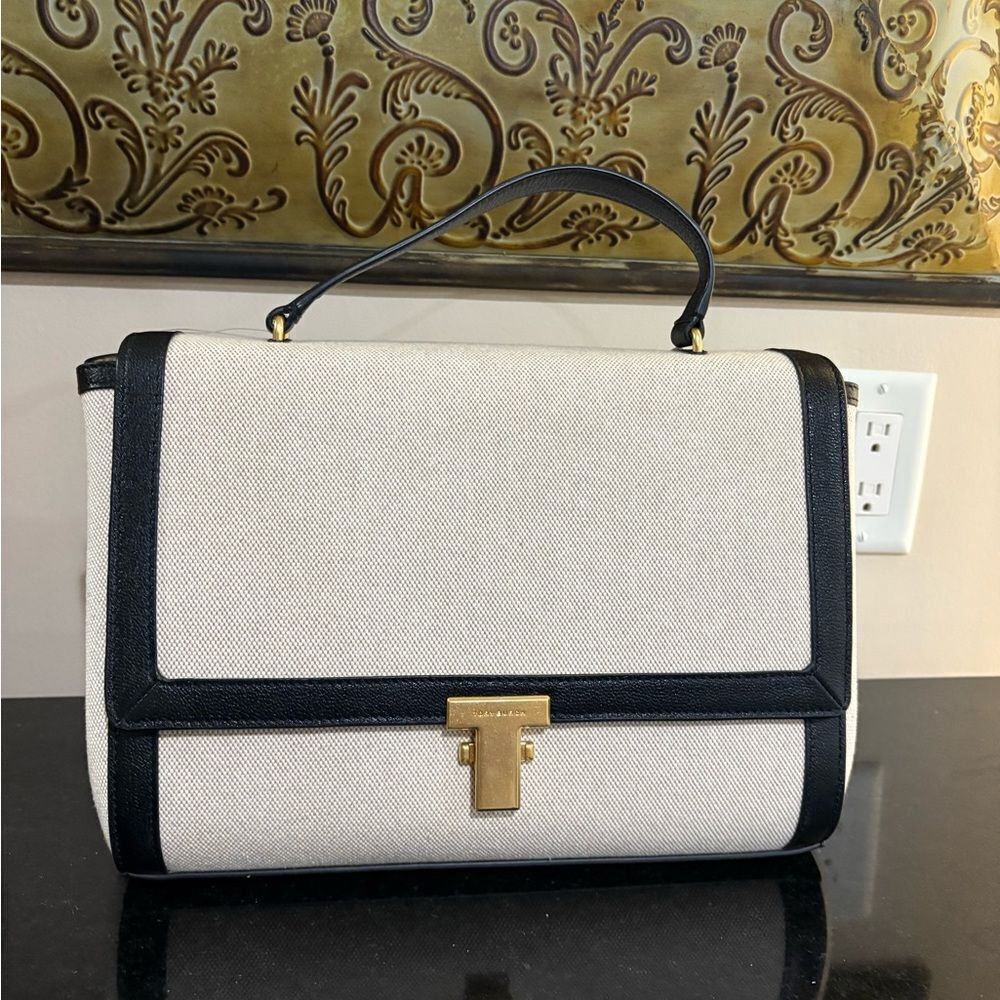 Tory Burch Black and Cream Satchel with Structured Design